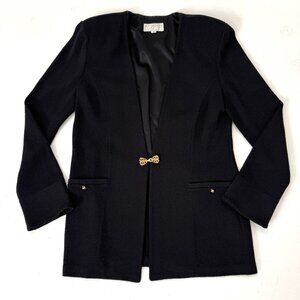 St. John Evening Size 10 Black Knit Blazer Jacket Gold Tone Bow Close With Pads